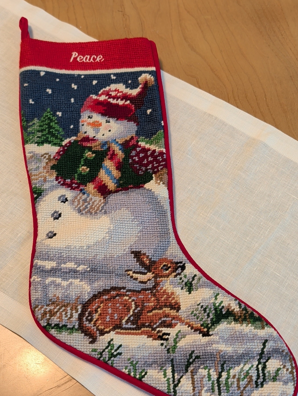 Holiday 'Peace' Needlepoint Snowman & Deer Holiday Stocking